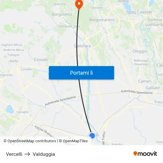 Vercelli to Valduggia map