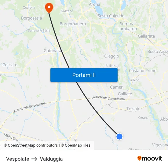 Vespolate to Valduggia map