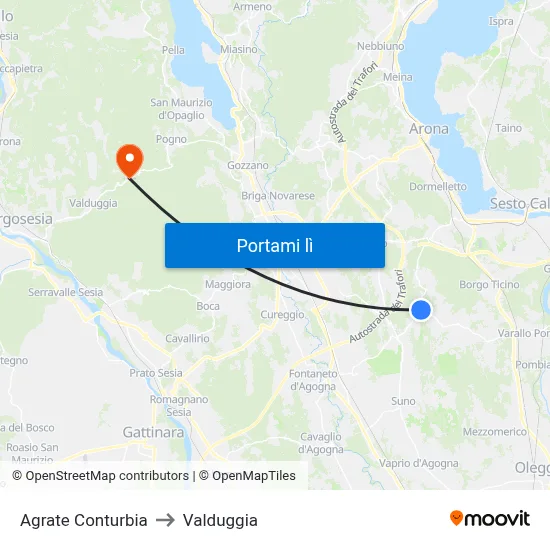 Agrate Conturbia to Valduggia map