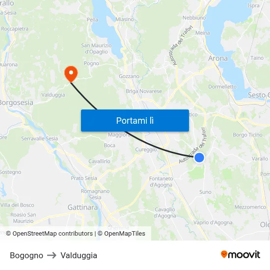 Bogogno to Valduggia map