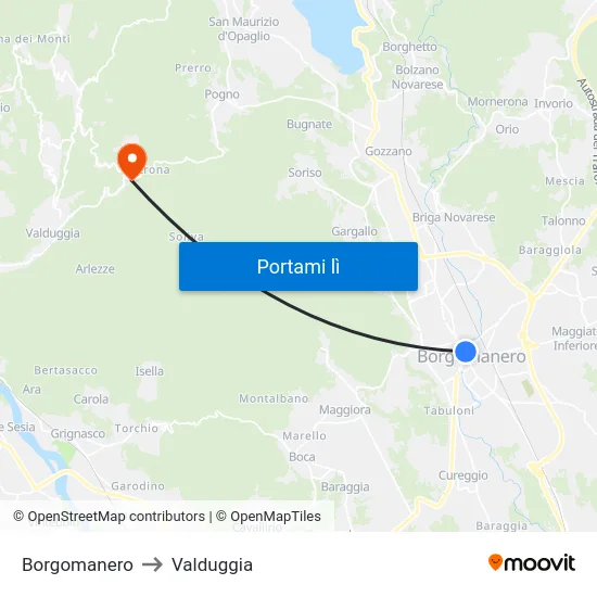 Borgomanero to Valduggia map