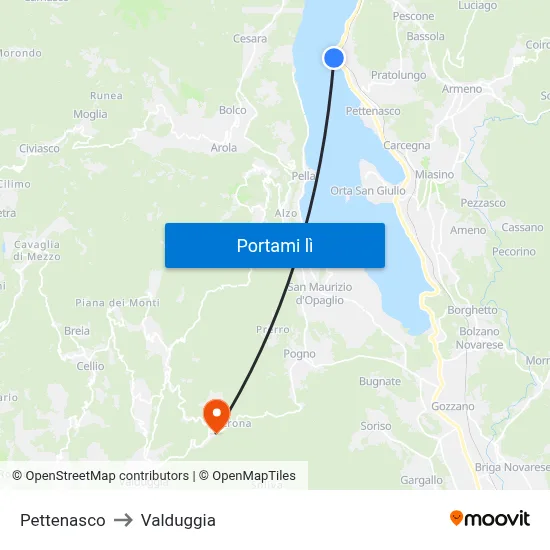 Pettenasco to Valduggia map