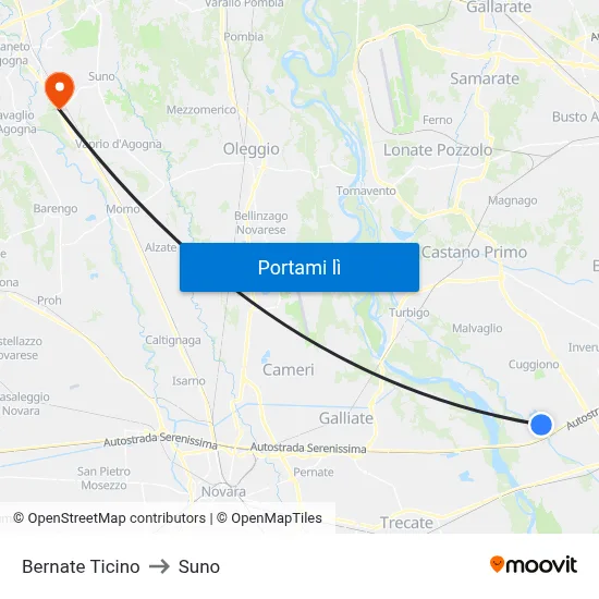 Bernate Ticino to Suno map