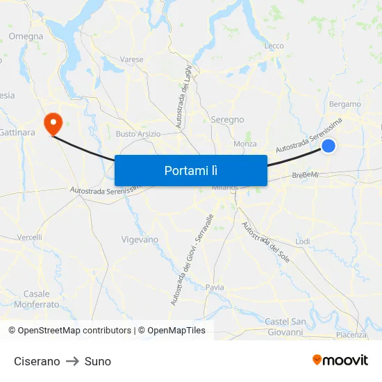 Ciserano to Suno map