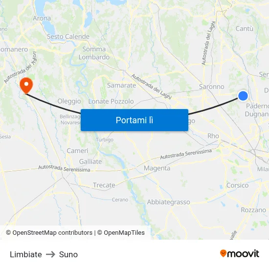 Limbiate to Suno map