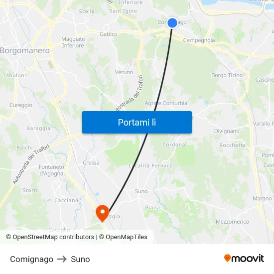 Comignago to Suno map