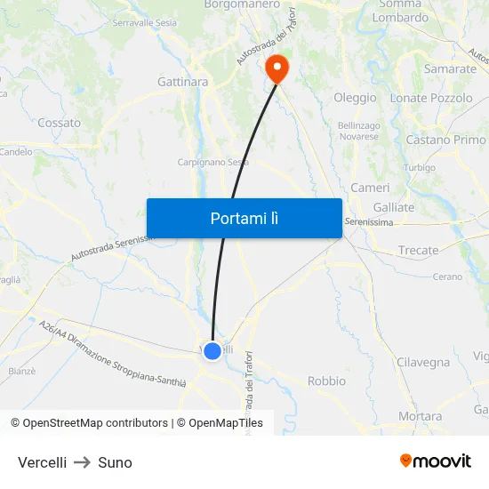 Vercelli to Suno map