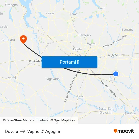 Dovera to Vaprio D' Agogna map