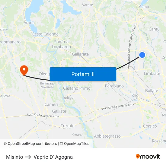 Misinto to Vaprio D' Agogna map