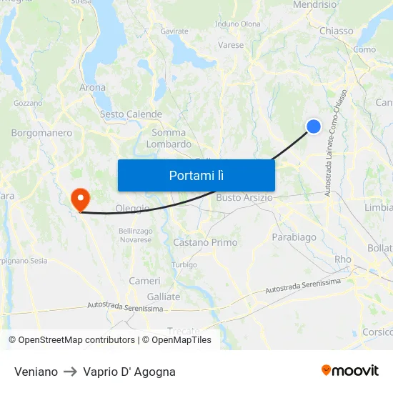 Veniano to Vaprio D' Agogna map