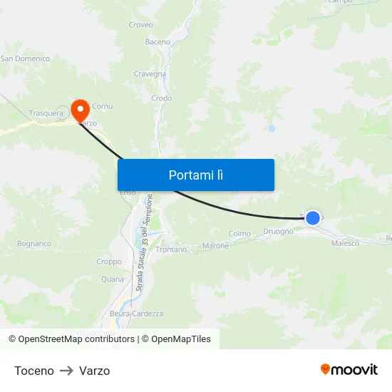 Toceno to Varzo map