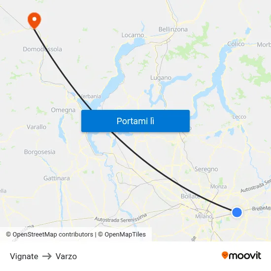 Vignate to Varzo map