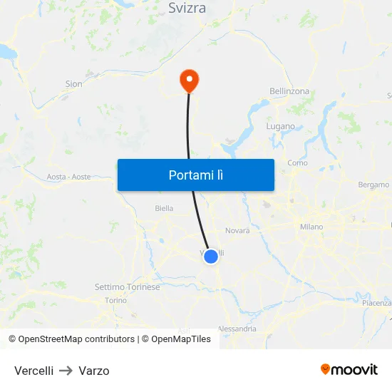 Vercelli to Varzo map