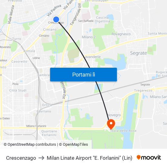 Crescenzago to Milan Linate Airport "E. Forlanini" (Lin) map