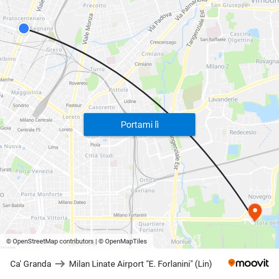 Ca' Granda to Milan Linate Airport "E. Forlanini" (Lin) map