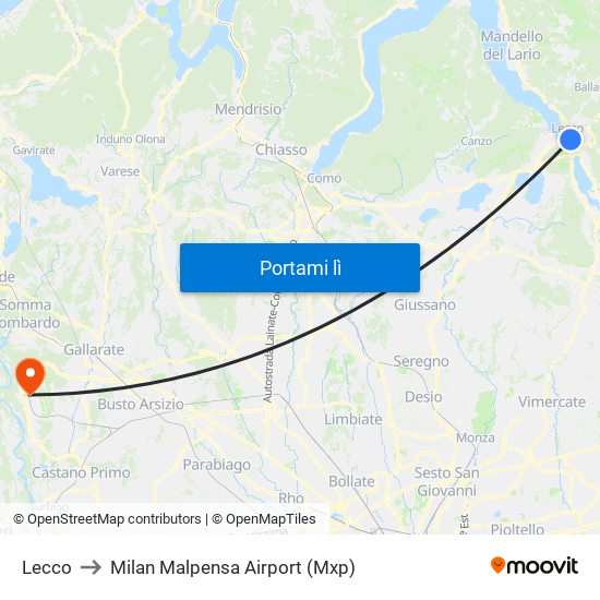 Lecco to Milan Malpensa Airport (Mxp) map