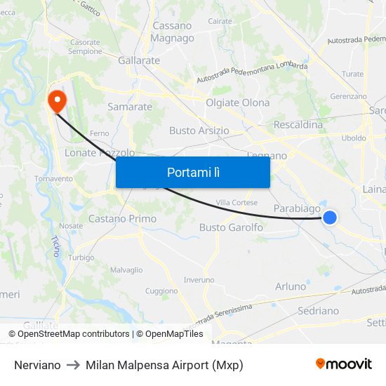 Nerviano to Milan Malpensa Airport (Mxp) map