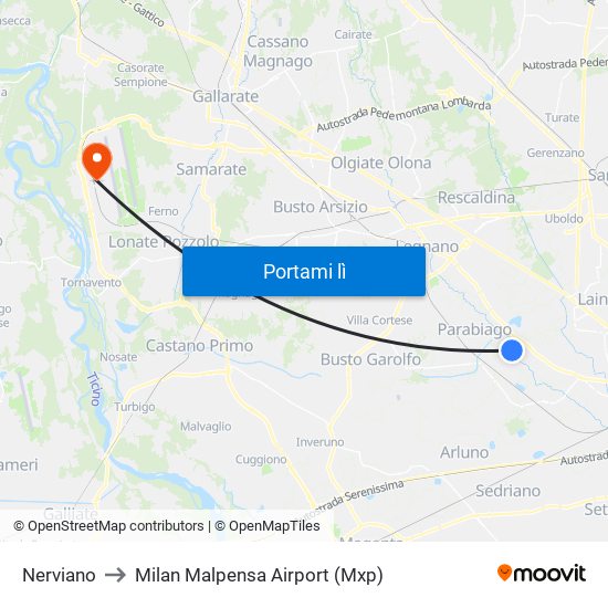 Nerviano to Milan Malpensa Airport (Mxp) map