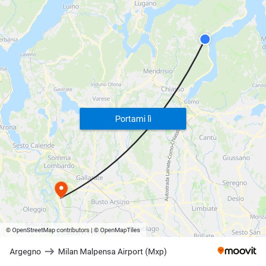 Argegno to Milan Malpensa Airport (Mxp) map