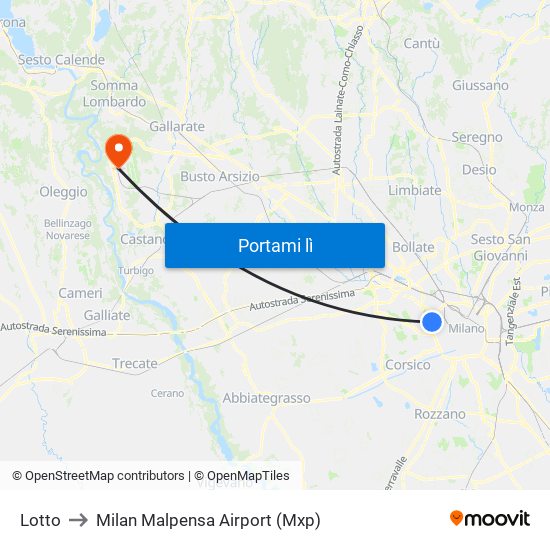 Lotto to Milan Malpensa Airport (Mxp) map