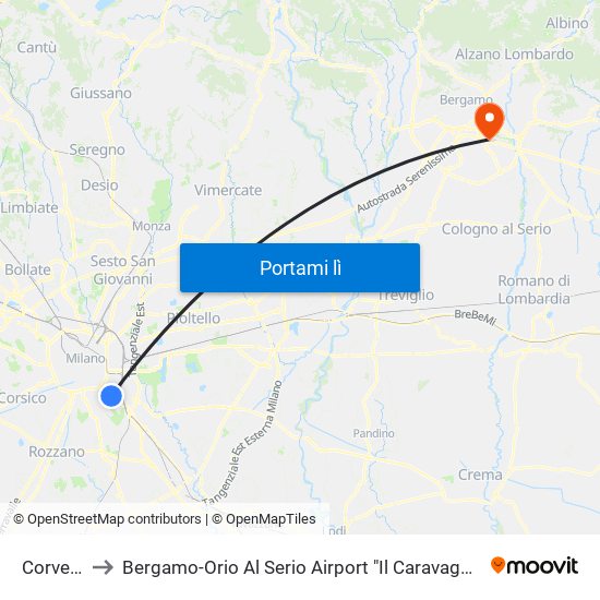 Corvetto to Bergamo-Orio Al Serio Airport "Il Caravaggio" (Bgy) map