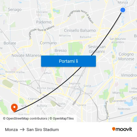 Monza to San Siro Stadium map