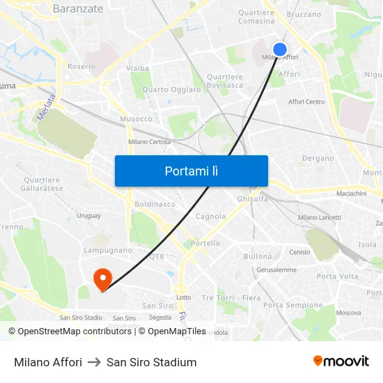 Milano Affori to San Siro Stadium map
