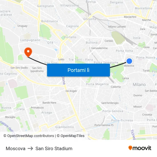 Moscova to San Siro Stadium map