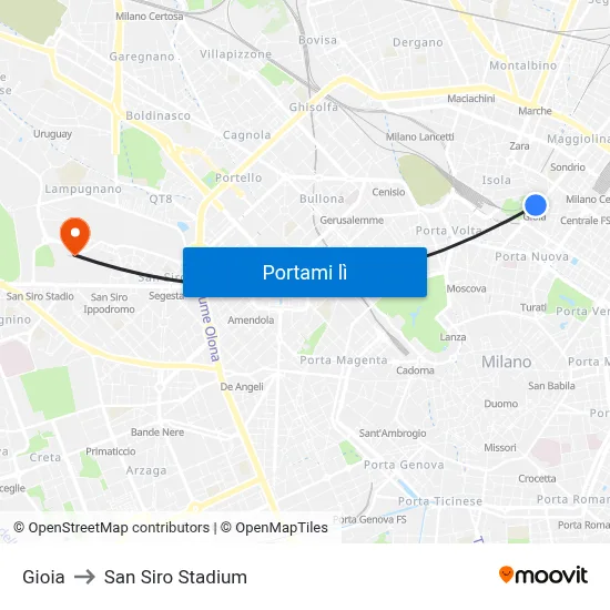 Gioia to San Siro Stadium map