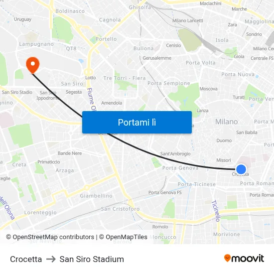 Crocetta to San Siro Stadium map