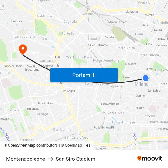 Montenapoleone to San Siro Stadium map