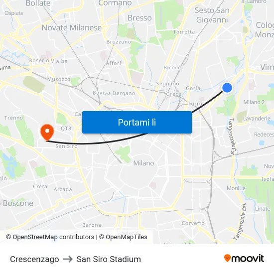 Crescenzago to San Siro Stadium map