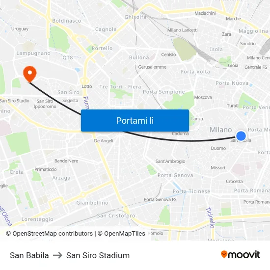 San Babila to San Siro Stadium map