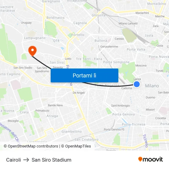 Cairoli to San Siro Stadium map