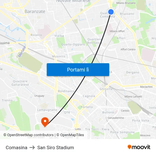 Comasina to San Siro Stadium map