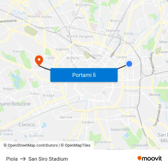 Piola to San Siro Stadium map