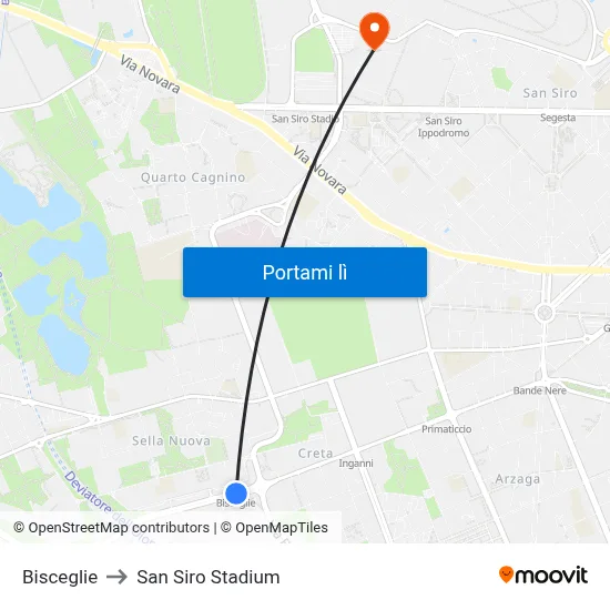 Bisceglie to San Siro Stadium map