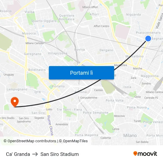 Ca' Granda to San Siro Stadium map