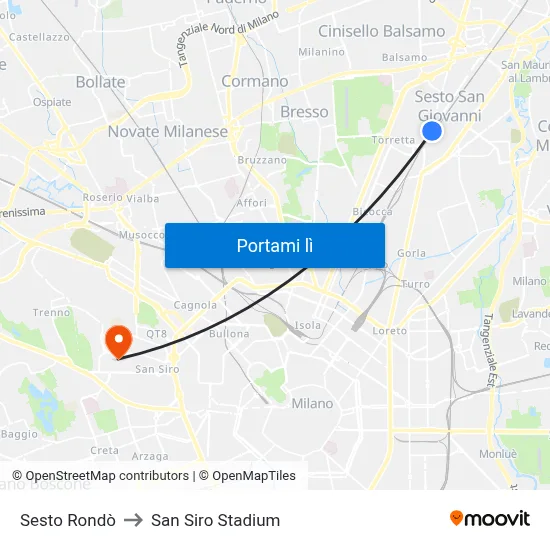 Sesto Rondò to San Siro Stadium map