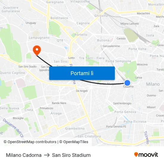 Milano Cadorna to San Siro Stadium map