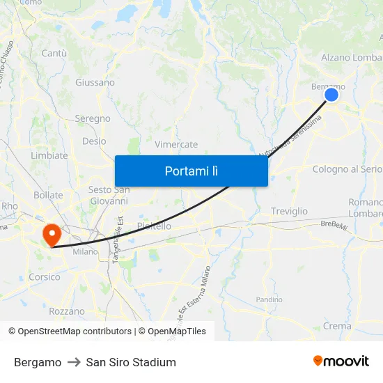 Bergamo to San Siro Stadium map