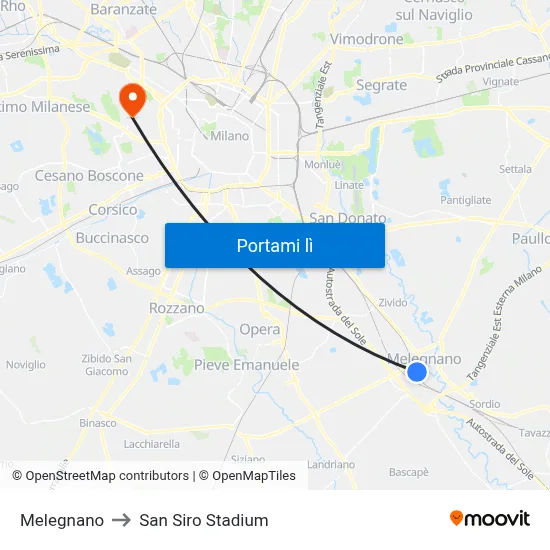 Melegnano to San Siro Stadium map