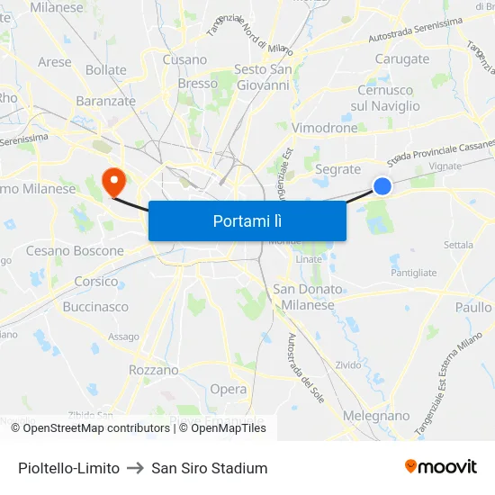 Pioltello-Limito to San Siro Stadium map