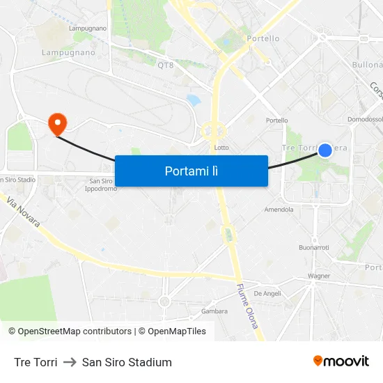 Tre Torri to San Siro Stadium map