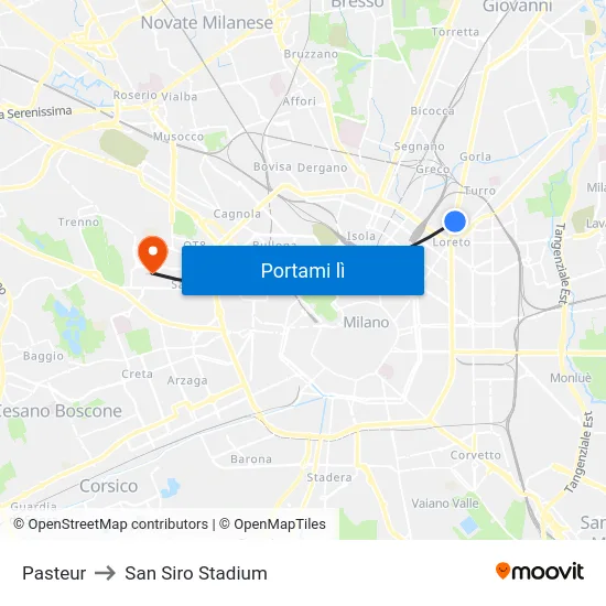 Pasteur to San Siro Stadium map