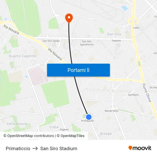Primaticcio to San Siro Stadium map