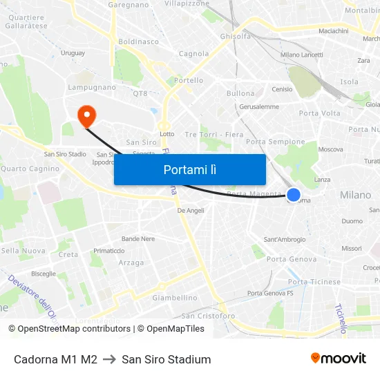Cadorna M1 M2 to San Siro Stadium map