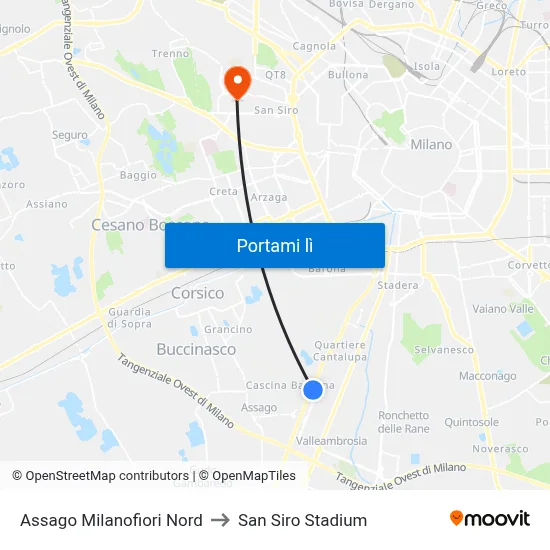 Assago Milanofiori Nord to San Siro Stadium map