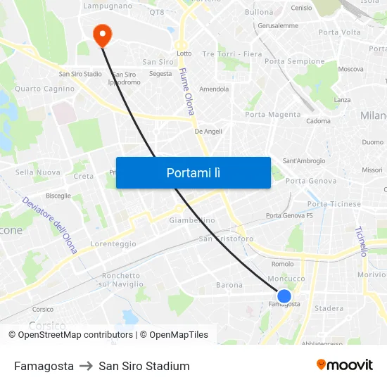 Famagosta to San Siro Stadium map