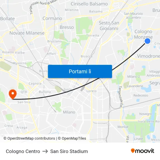 Cologno Centro to San Siro Stadium map